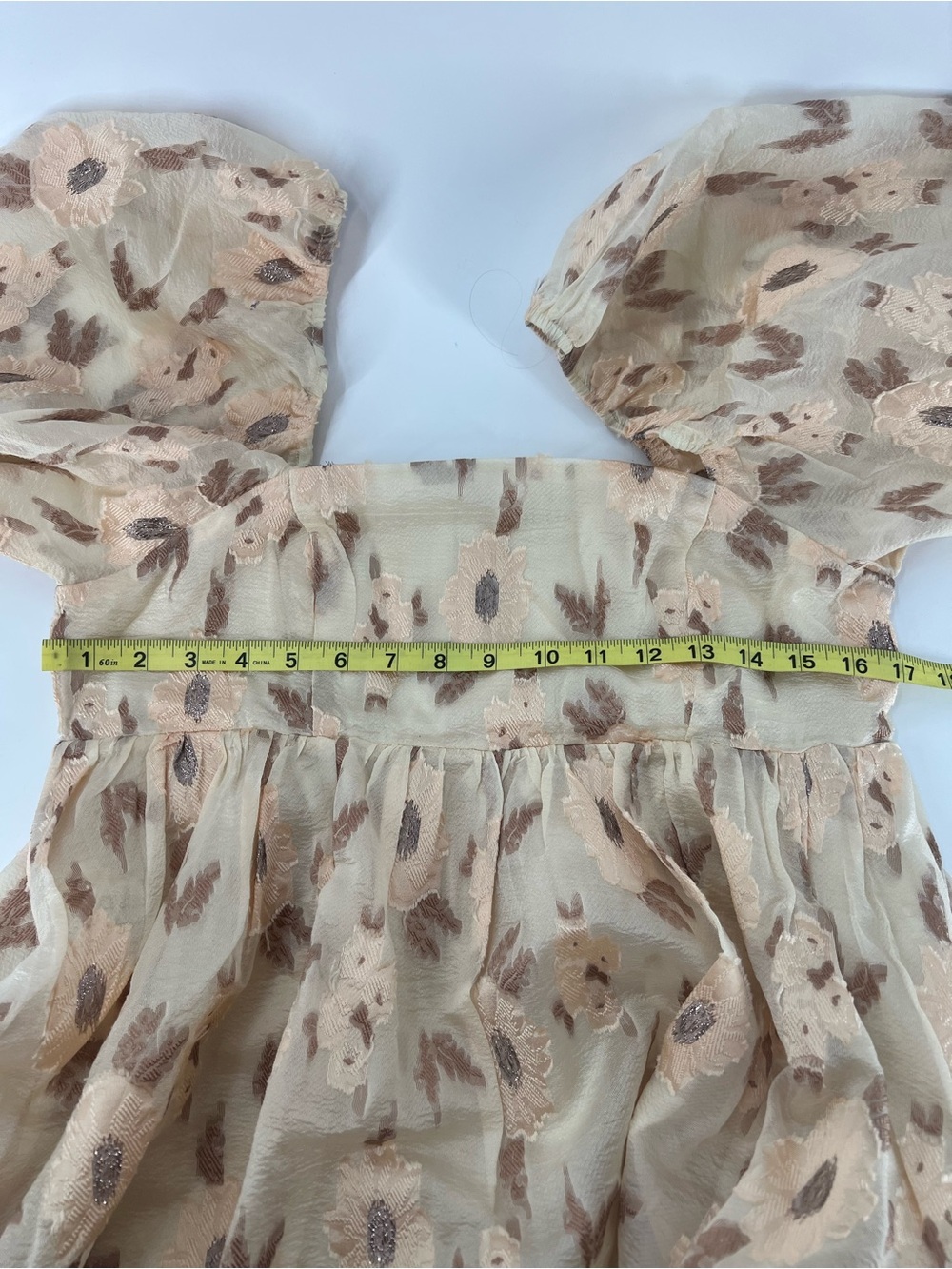 Storia Golden Floral Square Neck Puff Sleeve Mini Babydoll Dress L Large - Picture 10 of 10